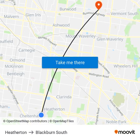 Heatherton to Blackburn South map