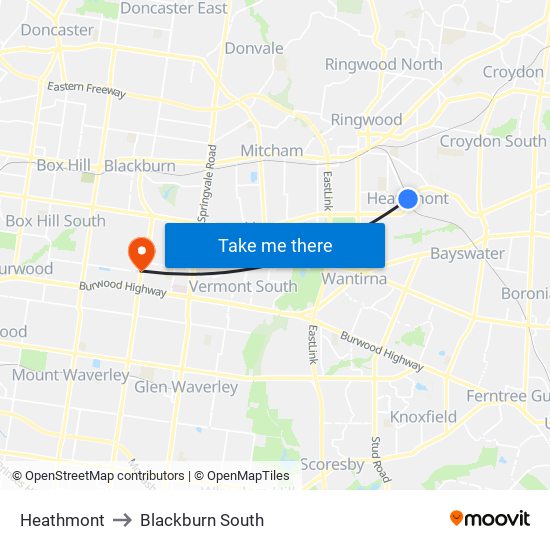 Heathmont to Blackburn South map