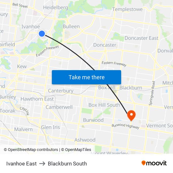 Ivanhoe East to Blackburn South map