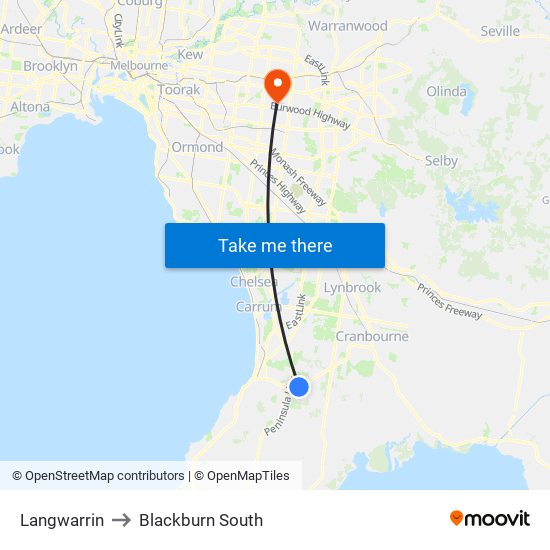 Langwarrin to Blackburn South map