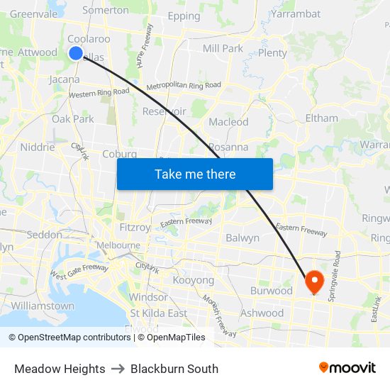 Meadow Heights to Blackburn South map