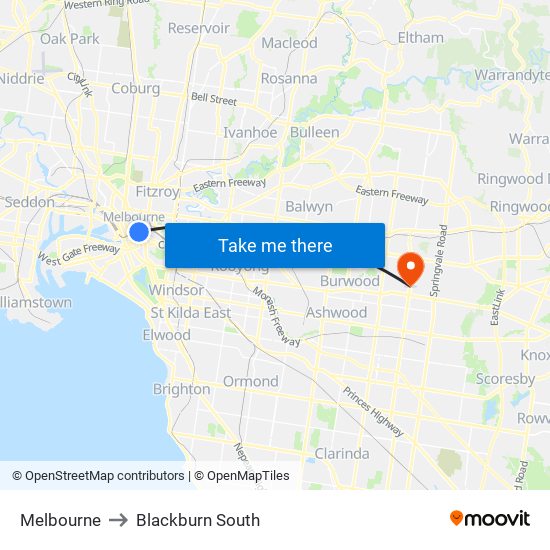 Melbourne to Blackburn South map