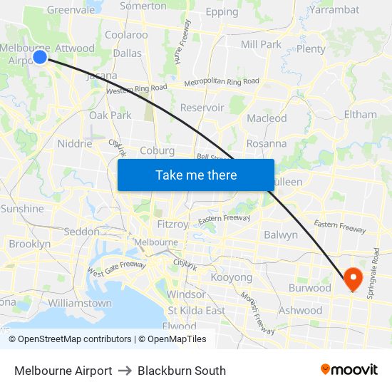 Melbourne Airport to Blackburn South map