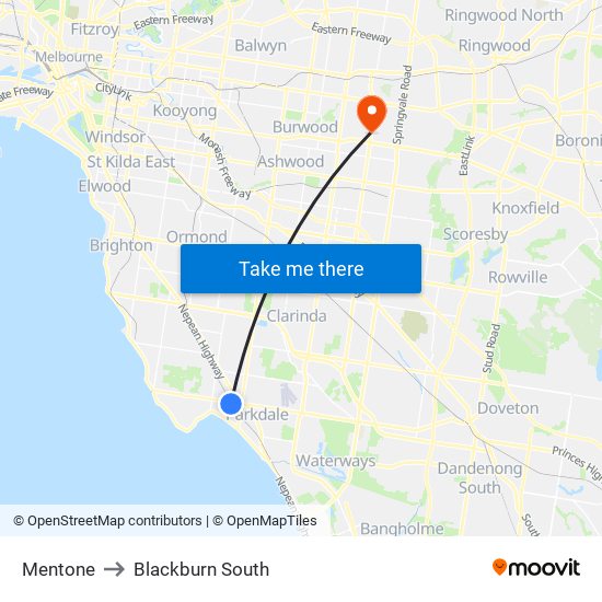 Mentone to Blackburn South map