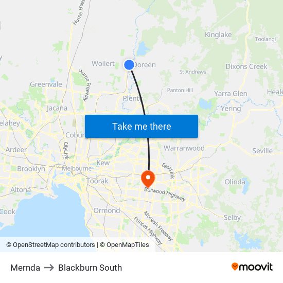 Mernda to Blackburn South map