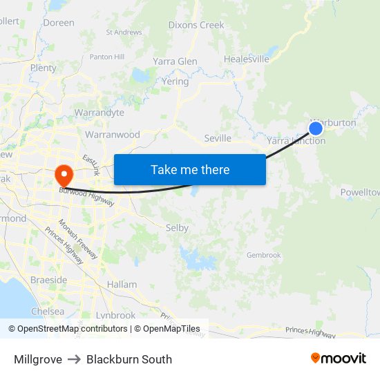 Millgrove to Blackburn South map