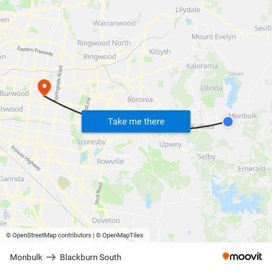 Monbulk to Blackburn South map