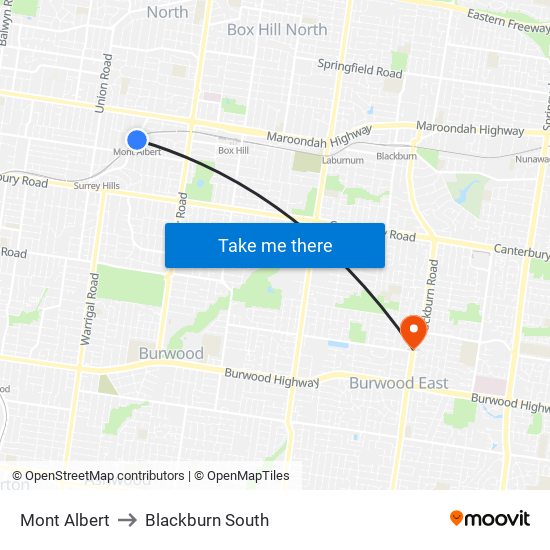 Mont Albert to Blackburn South map