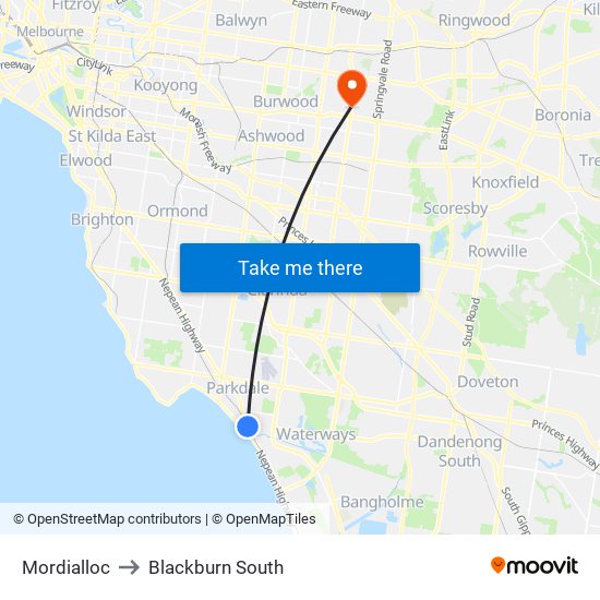 Mordialloc to Blackburn South map