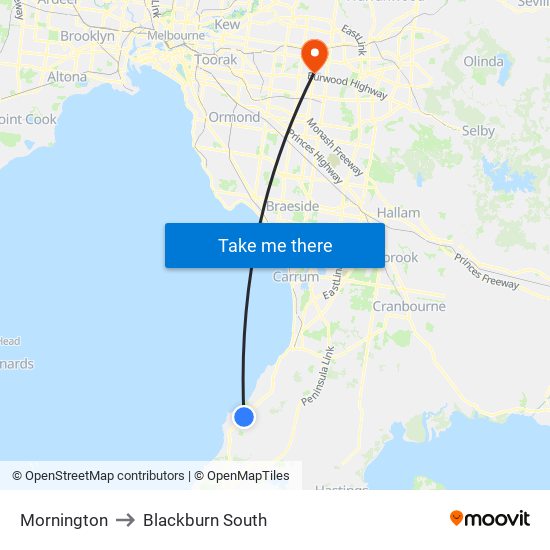 Mornington to Blackburn South map