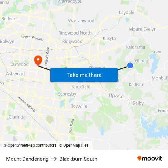 Mount Dandenong to Blackburn South map