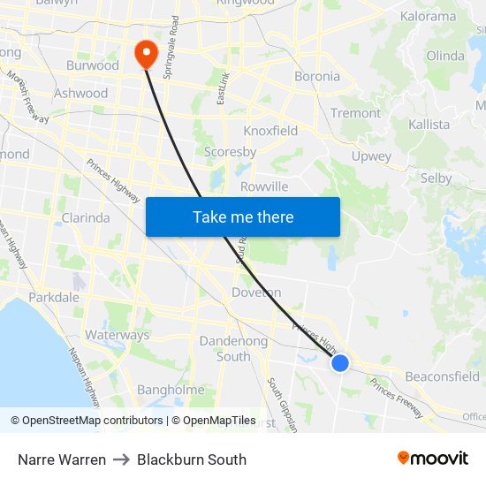 Narre Warren to Blackburn South map