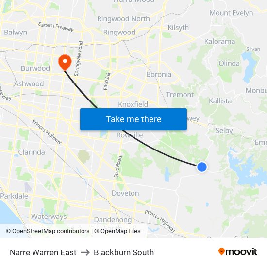 Narre Warren East to Blackburn South map