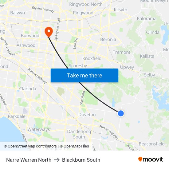 Narre Warren North to Blackburn South map