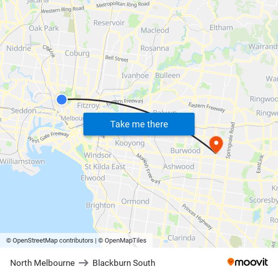 North Melbourne to Blackburn South map