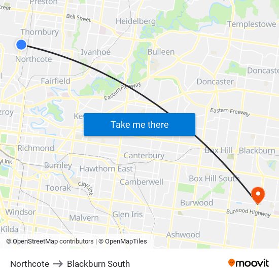 Northcote to Blackburn South map