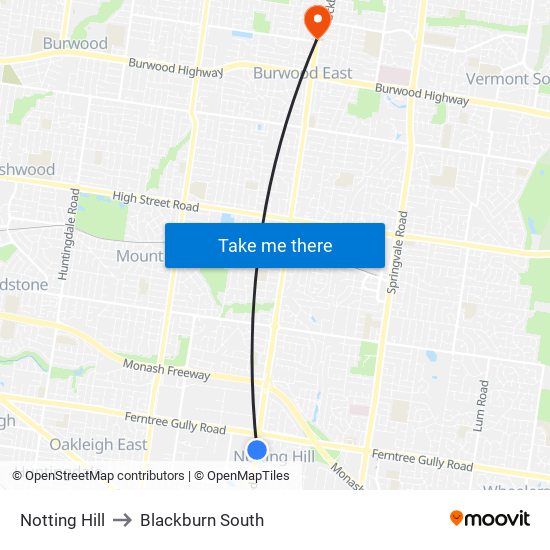 Notting Hill to Blackburn South map
