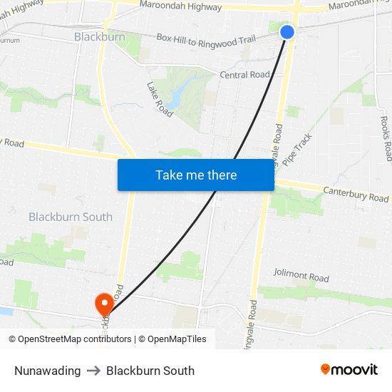 Nunawading to Blackburn South map