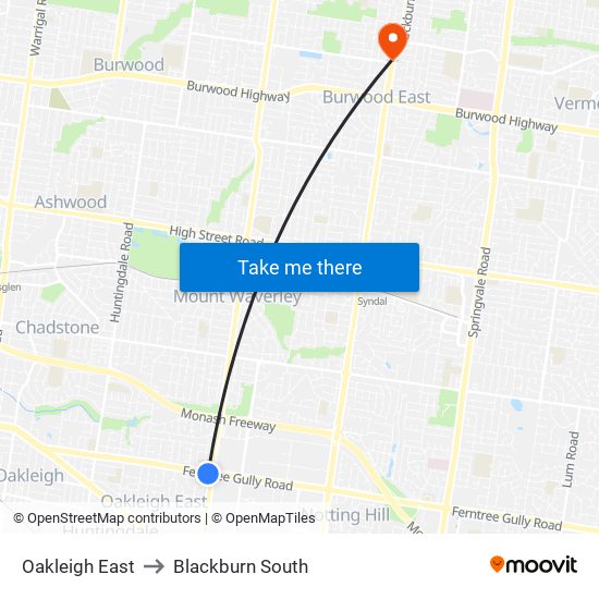 Oakleigh East to Blackburn South map