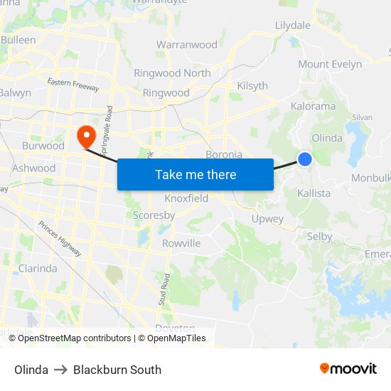 Olinda to Blackburn South map