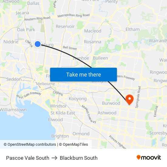 Pascoe Vale South to Blackburn South map