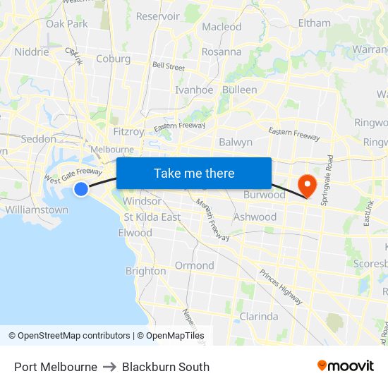 Port Melbourne to Blackburn South map