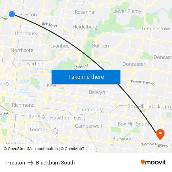 Preston to Blackburn South map