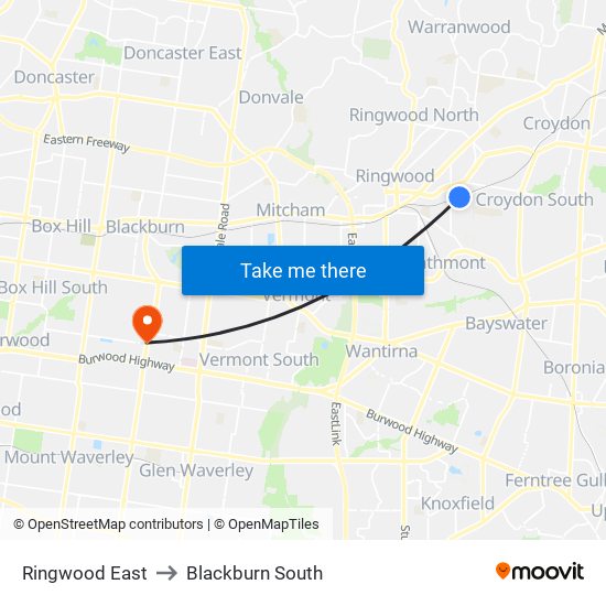 Ringwood East to Blackburn South map