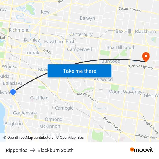 Ripponlea to Blackburn South map