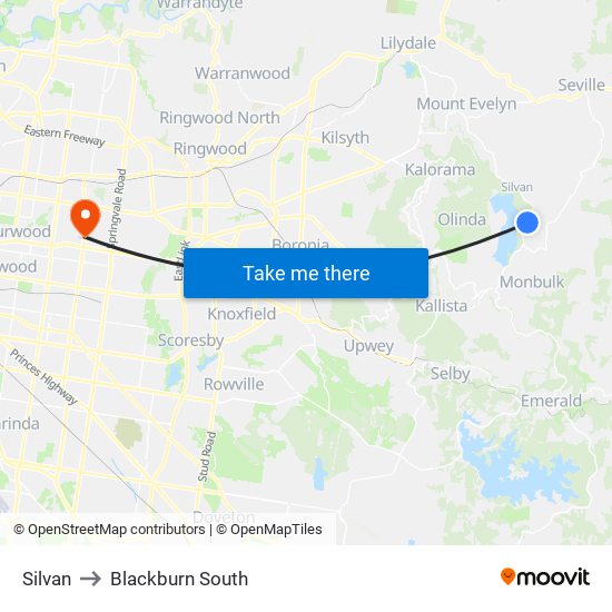 Silvan to Blackburn South map