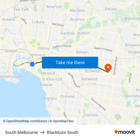South Melbourne to Blackburn South map