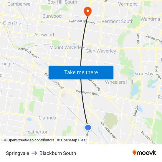 Springvale to Blackburn South map