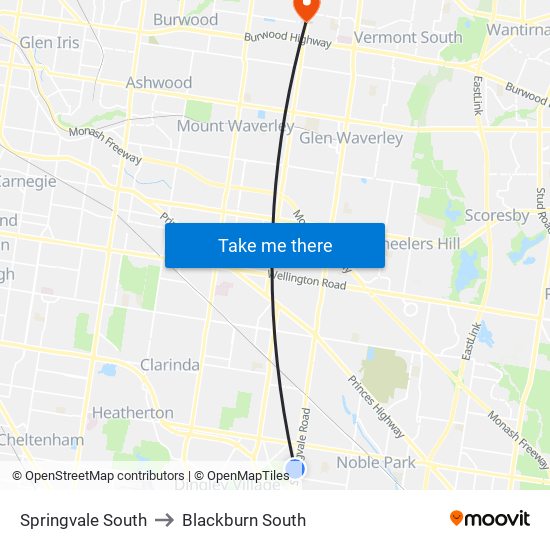 Springvale South to Blackburn South map