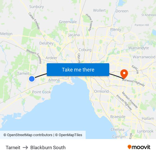 Tarneit to Blackburn South map