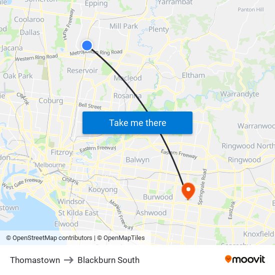 Thomastown to Blackburn South map
