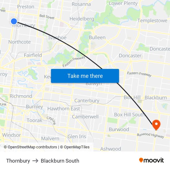 Thornbury to Blackburn South map