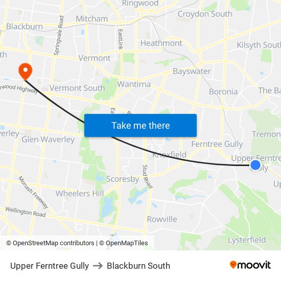 Upper Ferntree Gully to Blackburn South map