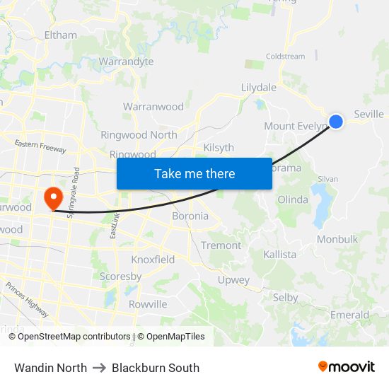 Wandin North to Blackburn South map