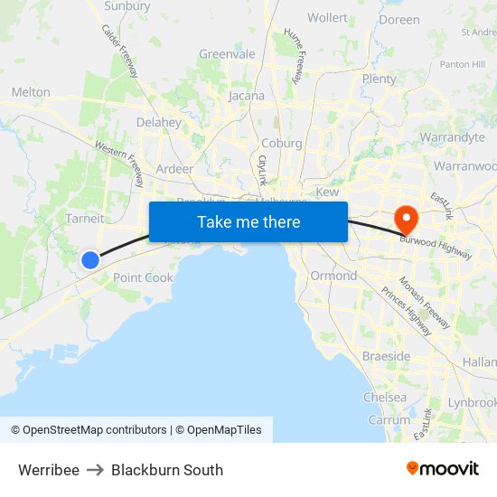 Werribee to Blackburn South map