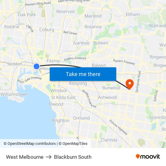 West Melbourne to Blackburn South map