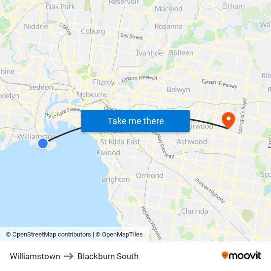 Williamstown to Blackburn South map
