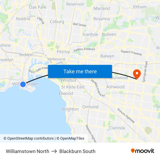 Williamstown North to Blackburn South map