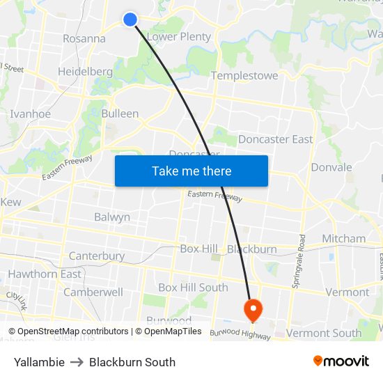 Yallambie to Blackburn South map