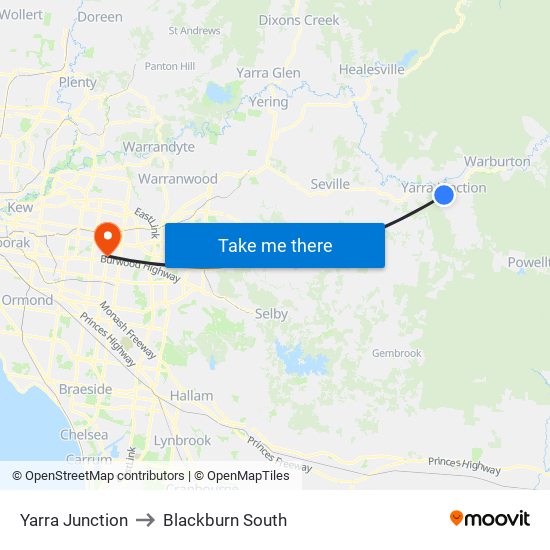 Yarra Junction to Blackburn South map