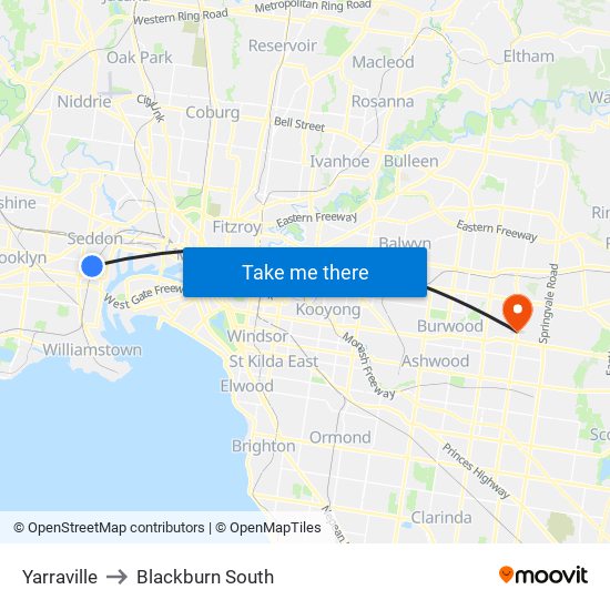 Yarraville to Blackburn South map