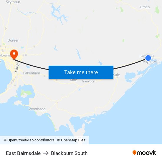 East Bairnsdale to Blackburn South map