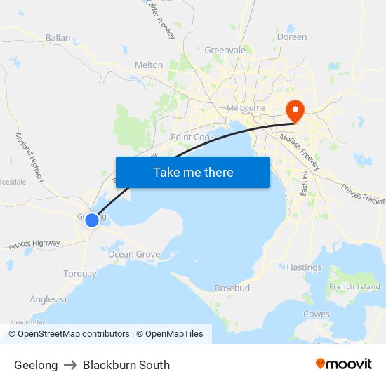 Geelong to Blackburn South map