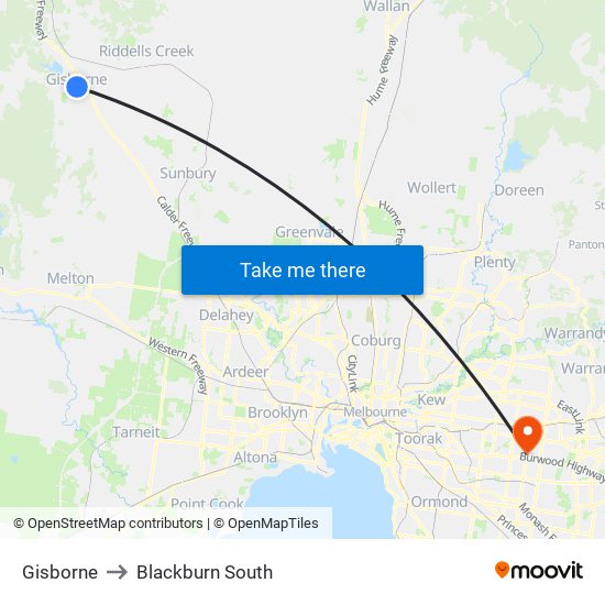 Gisborne to Blackburn South map