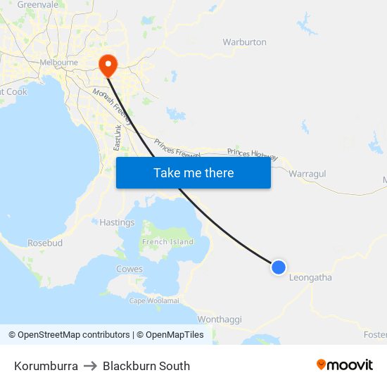 Korumburra to Blackburn South map