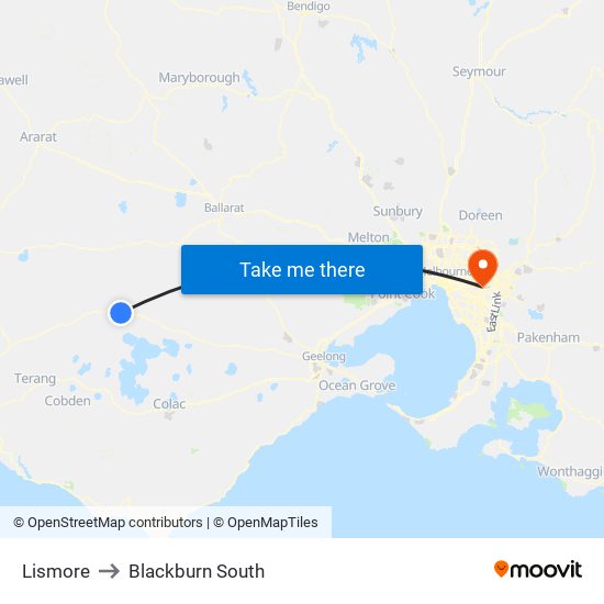 Lismore to Blackburn South map